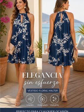 SHEIN Navy Blue White Floral Halter Mini Dress